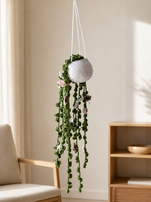 Maceta colgante de crochet con enredaderas verdes y flores rosas