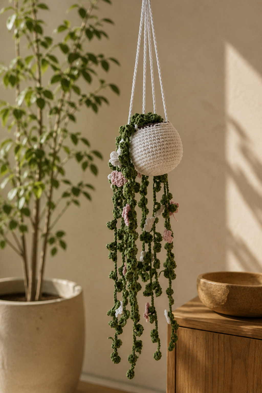Detalle de las enredaderas y flores de la maceta de crochet